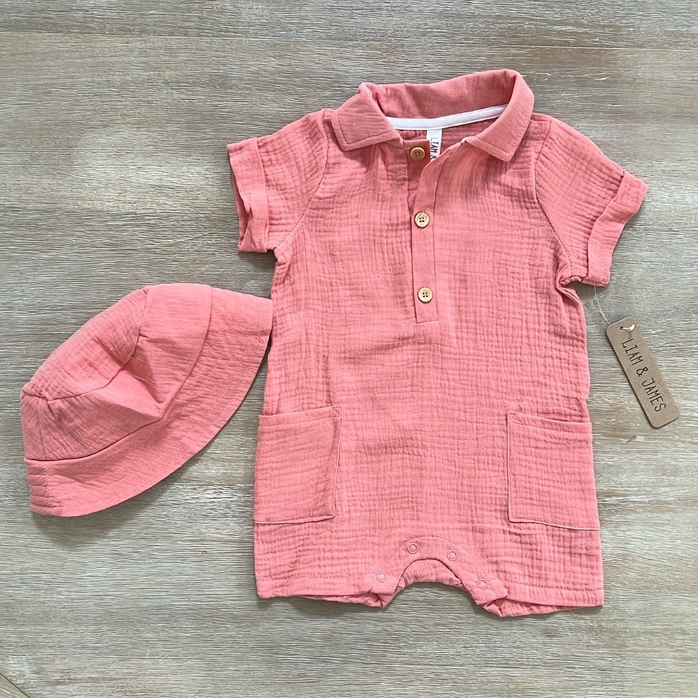 Liam James Toddler Boy Cotton Muslin Polo Romper Bucket Hat Set 12 18 months